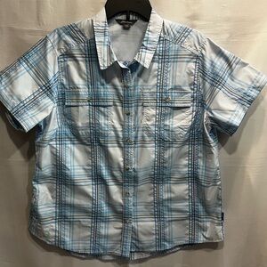 Eddie Bauer Short Sleeve Button Down Shirt Light Blue Plaid Size XL